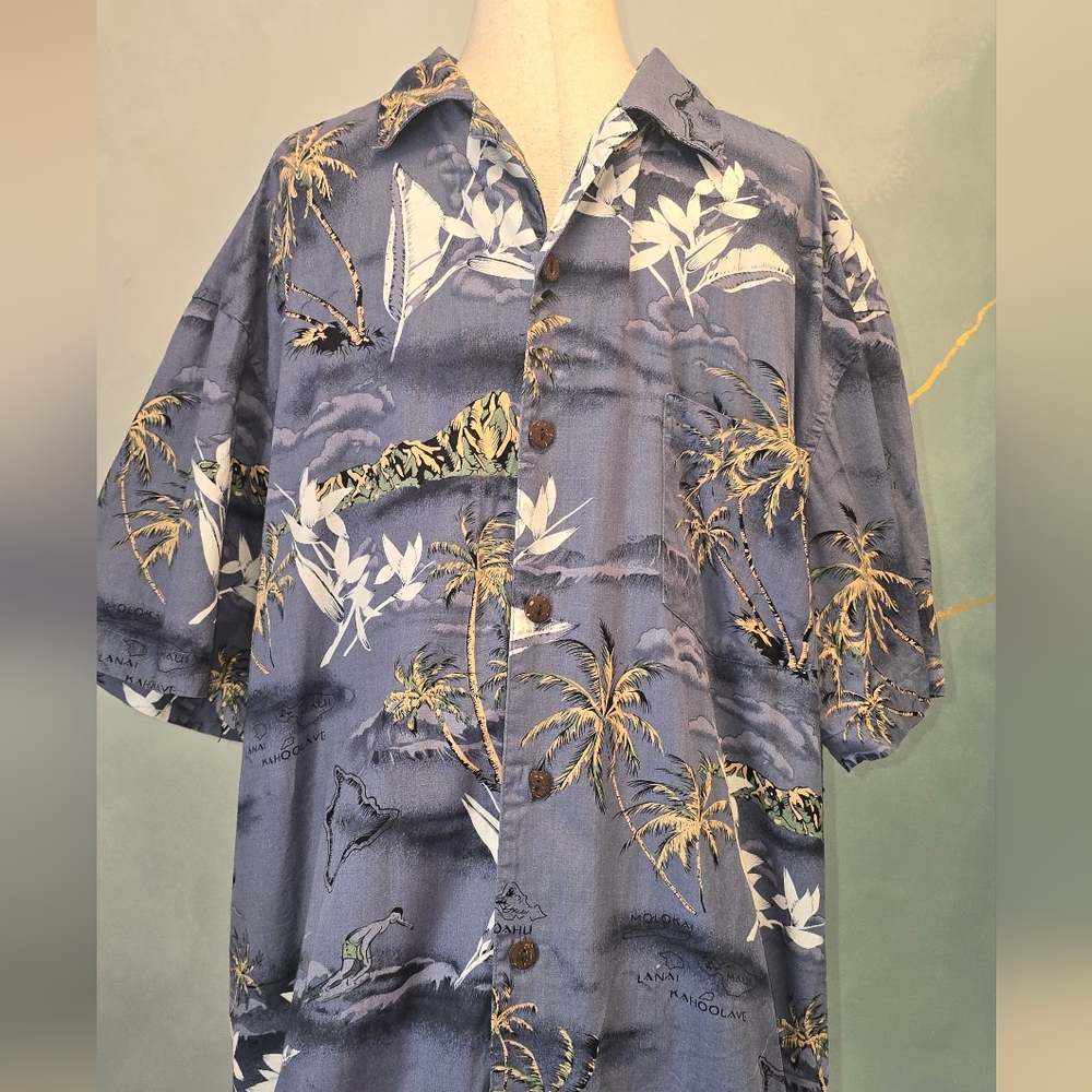High Surf Blue Hawaiian Island Palm Surfer Button-Up Short Sleeve Aloha Shirt L